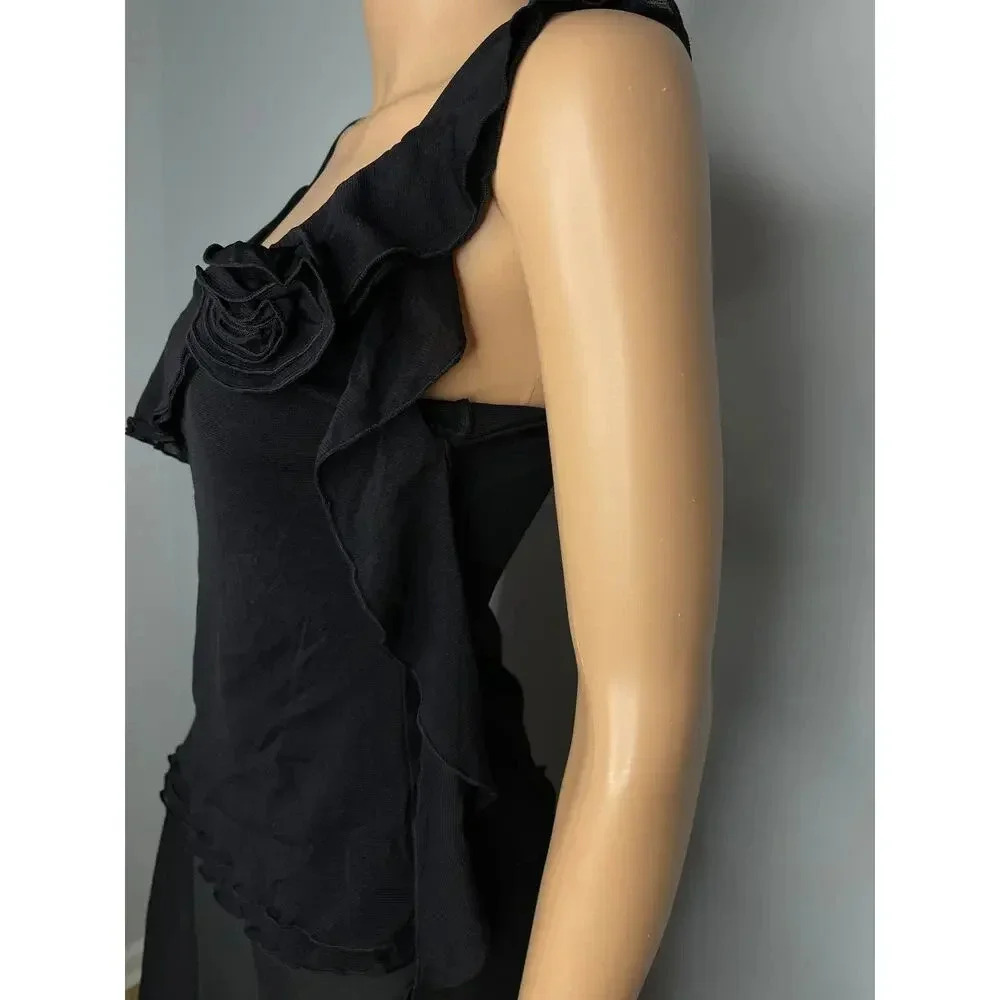 Free People Ruffle Asymmetric Mesh Top size Medium Black New Y2K - Picture 7 of 11